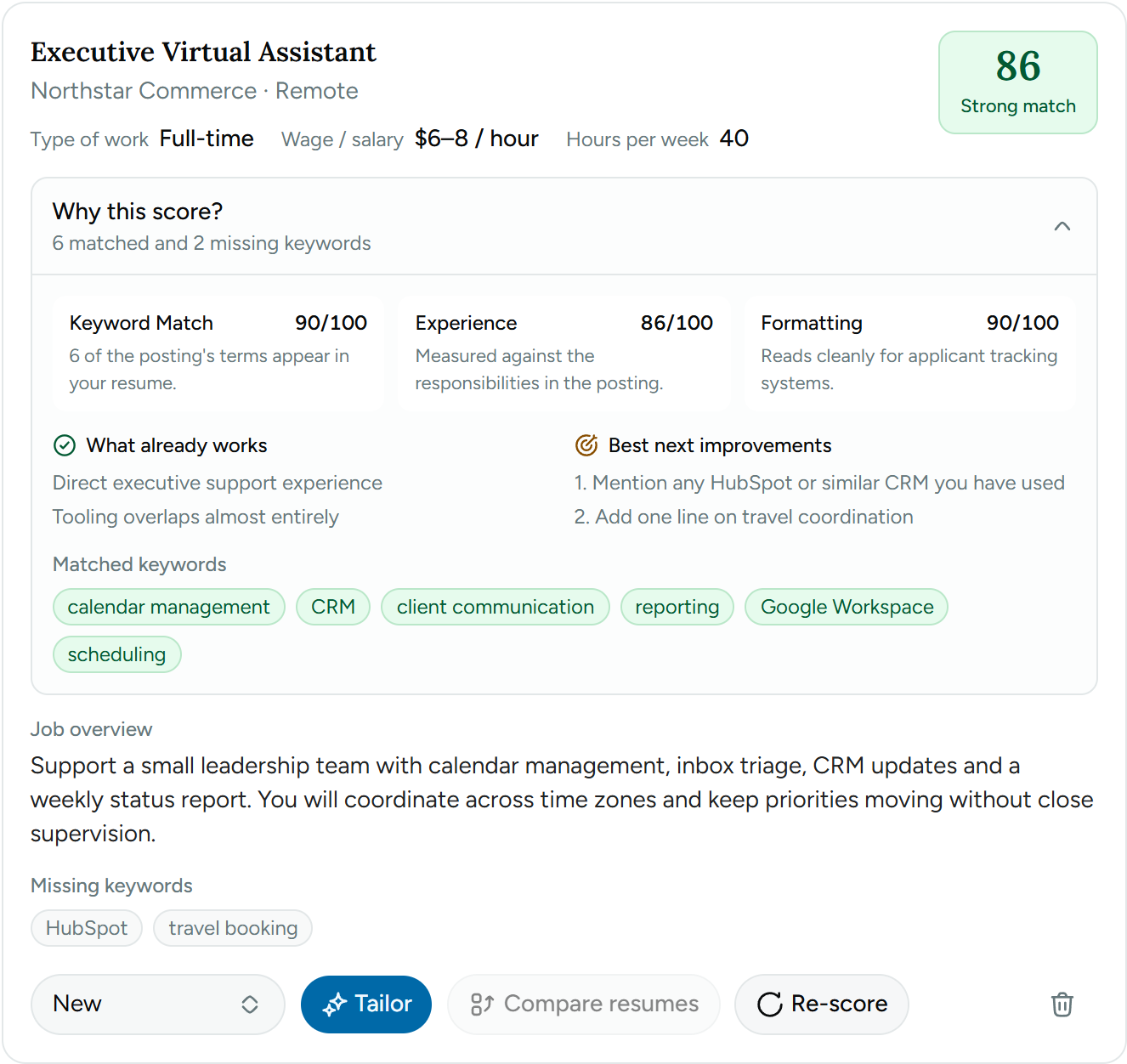 A job scored 86, strong match, with keyword, experience and formatting breakdown