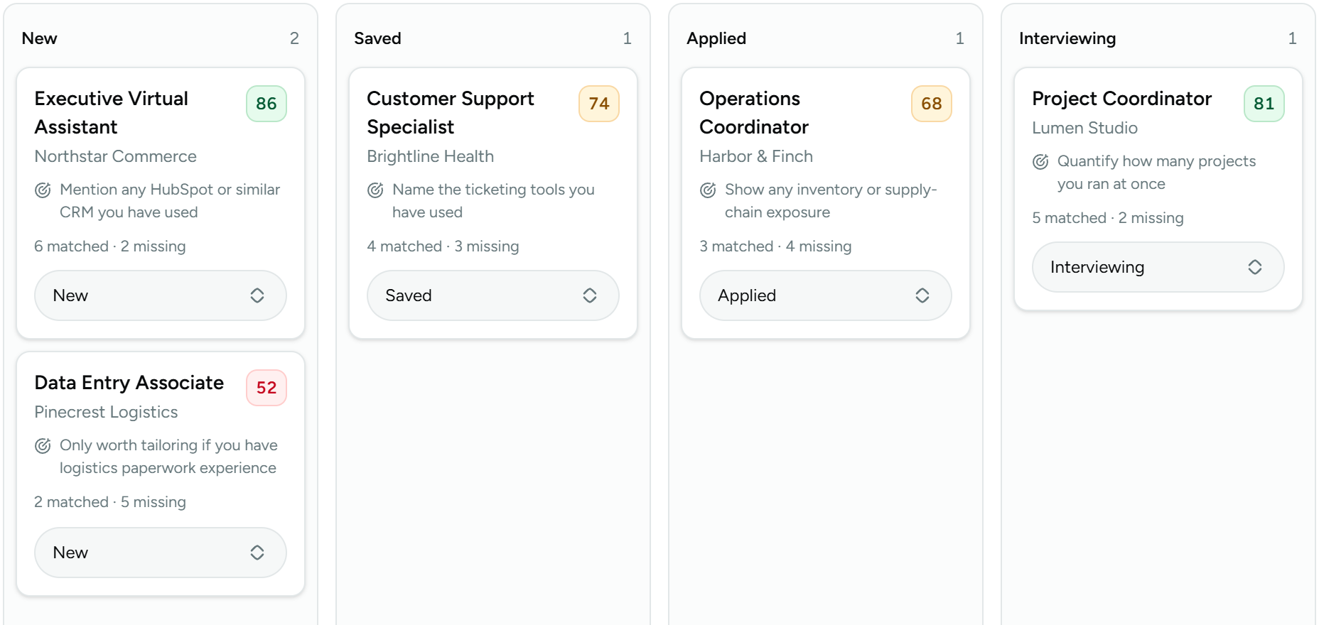 Application board with new, saved, applied and interviewing columns